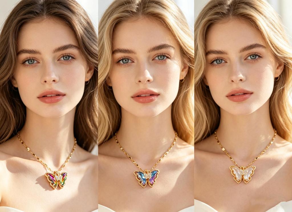 Multicolor Crystal Butterfly Pendant Necklace, Gold-Tone Chain Choker,Gradient Crystal Butterfly Necklace, Gold-Tone Chain with Sparkling Stone Wings