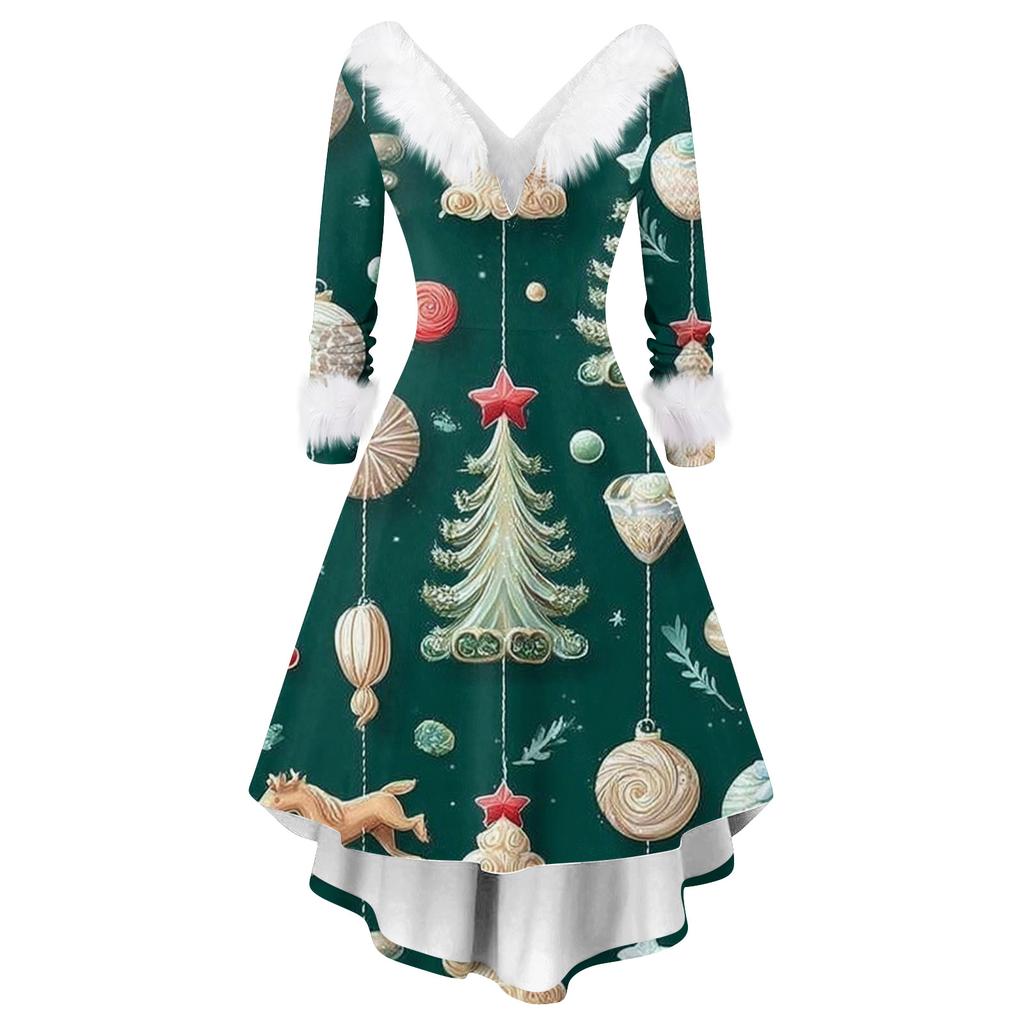 Damesmode Elegante Herfst En Winter Lange Mouw V-Hals Kerstprint Jurk