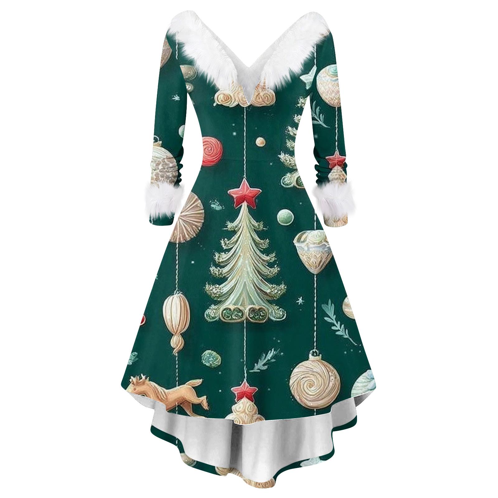 

Женское модное элегантное осенне-зимнее платье с длинным рукавом и V-образным вырезом с рождественским принтом M