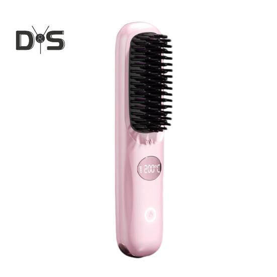 

Беспроводной выпрямитель для волос с 3 регулируемыми температурами, быстрый нагрев, USB-зарядка, ЖК-дисплей, портативная горячая щетка, электрическая укладка вьющихся волос розовый