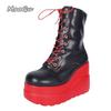 Color Blocked Side Zip Wedge Heel Mid-Calf Boots  Thick Sole Punk Gothic Boots For Women Front Lace Up Platform Shoes Botas
