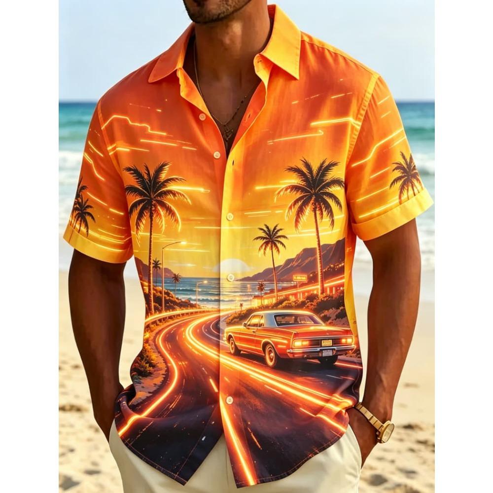 Herren Tropisches Neon-Landschafts-Print Kurzarmhemd, Natürlicher Und Ausgeprägter Stil, Für Sommerpartys Und Tägliche Styles