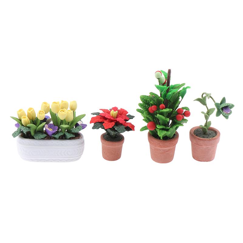 1:12 Dollhouse Miniature Potted Plants Tulip Flower Pot Fortune Fruit Bonsai Model Garden Home Decor Toy Doll House Accessories