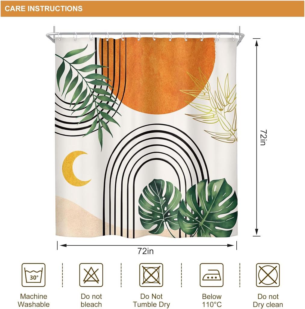 Tropical Boho Shower Curtain Abstract Sun Moon Rainbow Leaves Modern Art Design Beach Vibes Bathroom Decor Eco Style Home