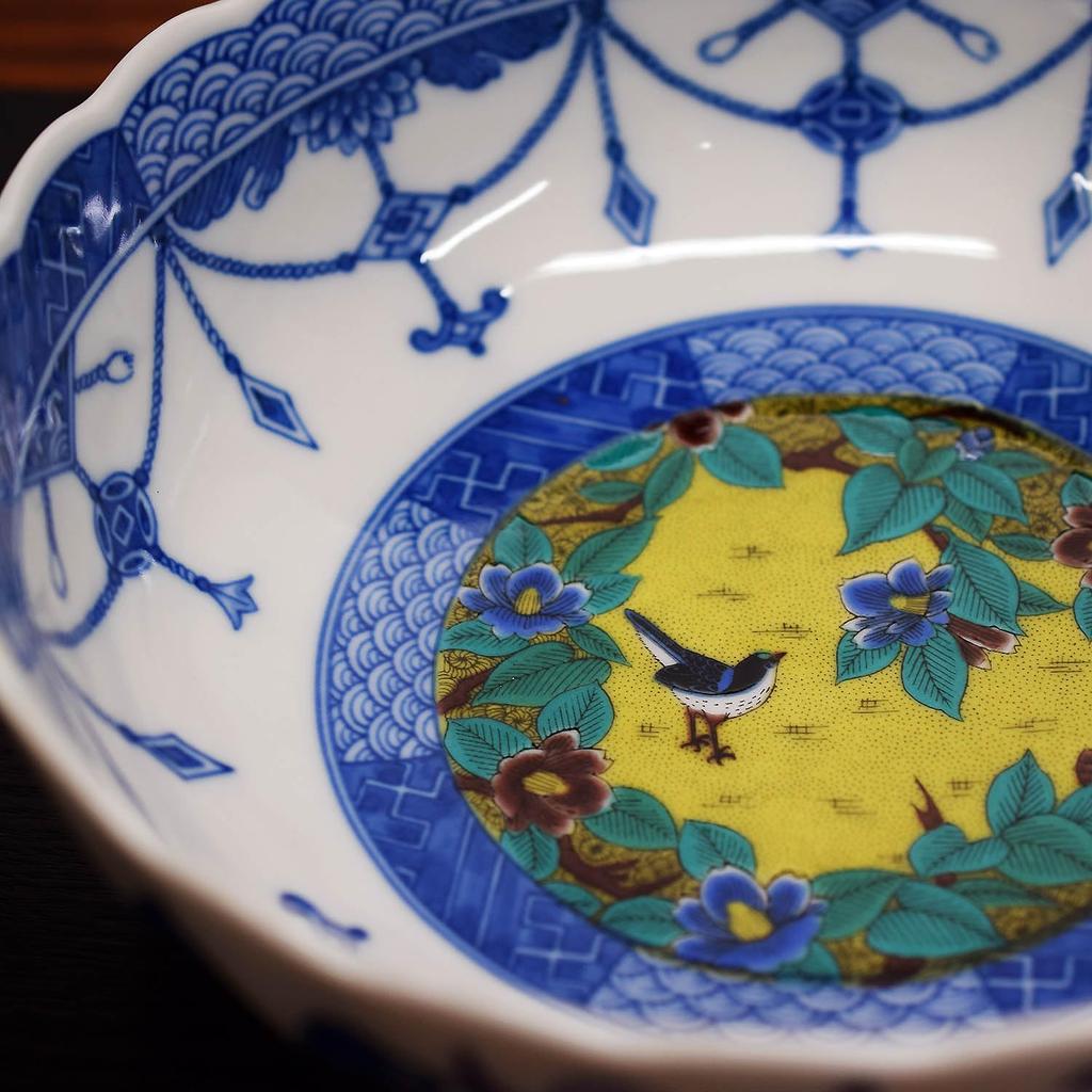 Japanese Warehouse Stylish Tableware Kutani Ware Bowl Yoshidaya Camellia and Bird Pottery Luxury Japanese Tableware Serving Bowl Bowl Made in Japan