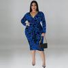 Plus Size Womens V-Neck Long Sleeve Midi Dress Leopard Print Milk Silk Stretch Fit 2025