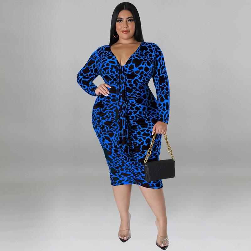 Plus Size Womens V-Neck Long Sleeve Midi Dress Leopard Print Milk Silk Stretch Fit 2025