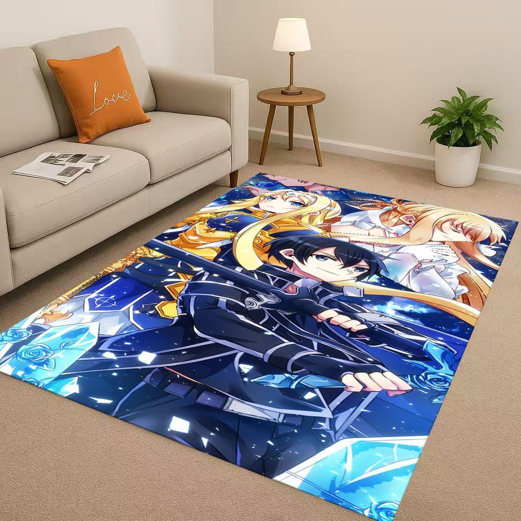 3D Sword Art Online SAO Cartoon Kirito Yuuki Asuna Living Room Non-Slip Area Rug Soft Carpet for Bedroom Sofa,Home Decor Doormat