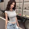 Women Solid Black Ribbed Knit Crop T-Shirt, Cap Sleeve Halter Neck Twisted Deep Open Back Slim Fitted Summer Backless Top