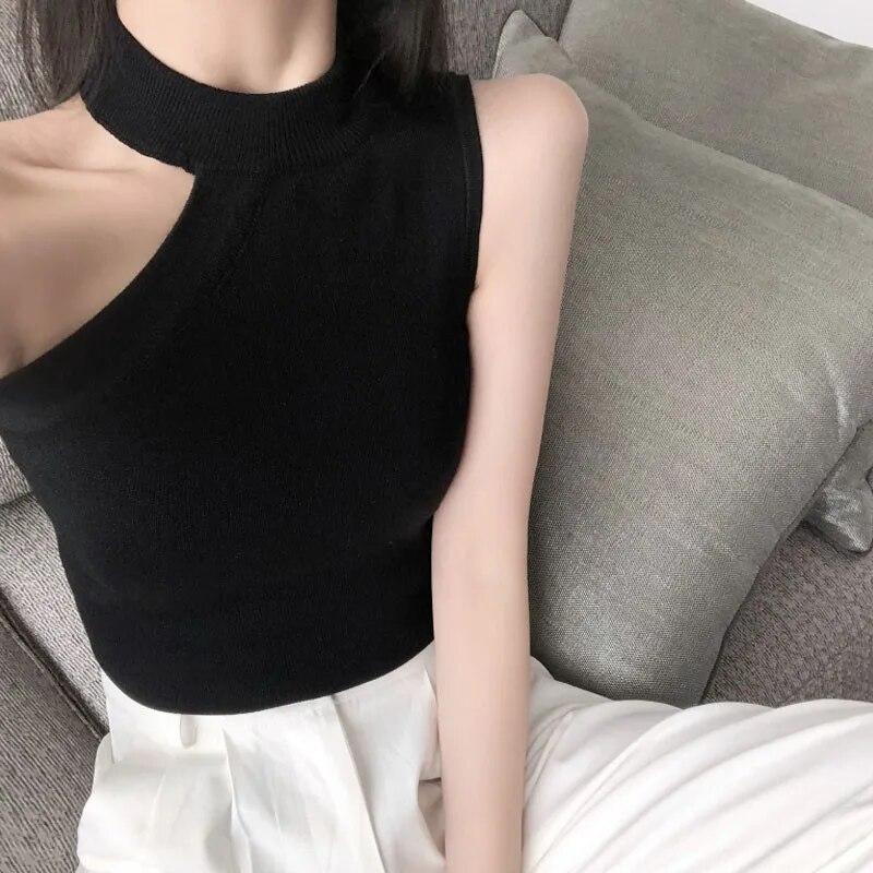Women Tank Tops Off-the-shoulder Sleeveless Hanging Neck Knitted Small Vest Female Slim Slimming T-shirt