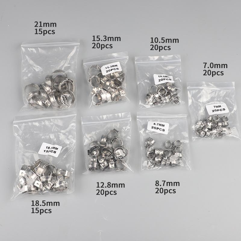 130Pcs 7 Size 304 Stainless Steel Single Ear Hose Clamps 6-21mm Crimp Hose Clamp Assortment Kit Crimp Pinch Fitting Tools