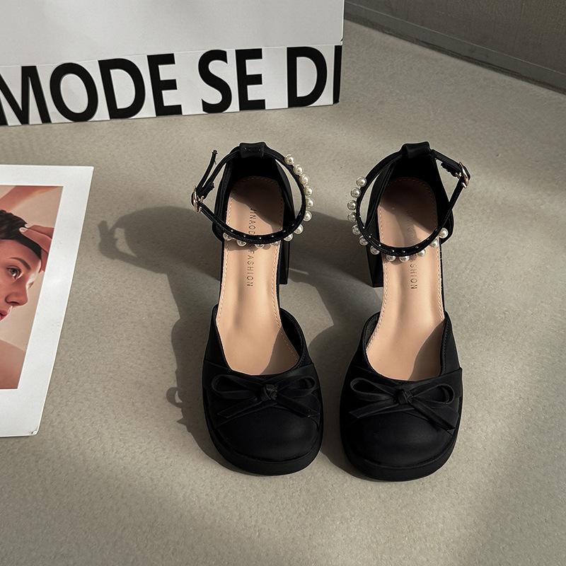 Bow thick heel Mary Jane shoes women's new spring and summer with skirt sweet high heels