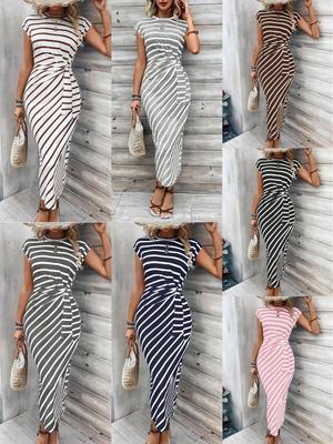 Women's Cross-border Short Sleeve Waist Tie Round Neck Long Dress