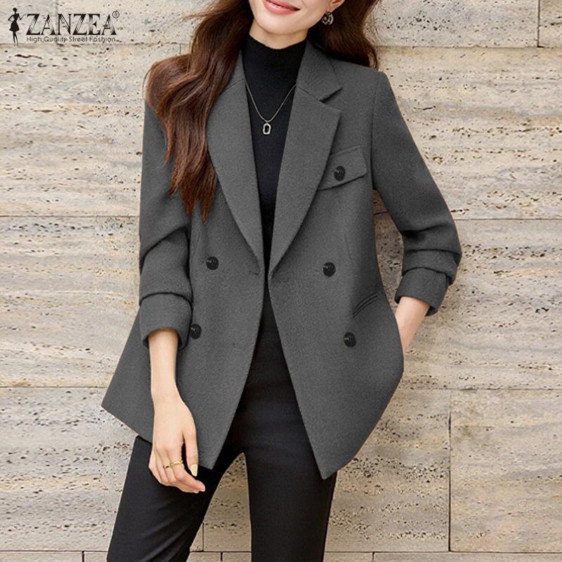 ZANZEA Women Casual Flat Collar Long Sleeve Thin Cardigan Blazer