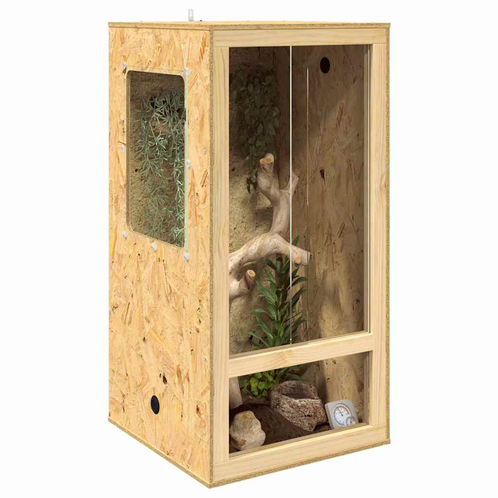 Terrarium w kolorze brązowym ma wymiary 50 x 50 x 100 cm i jest wykonane z płyty OSB.