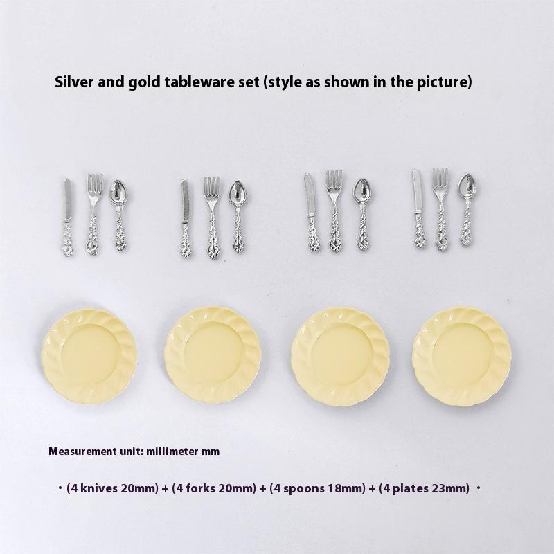1/12 Scale Miniature Dollhouse Cake Dish with Knife Fork Spoon Set - DIY Decoration Doll House Accessories for 1/12 Scale Models