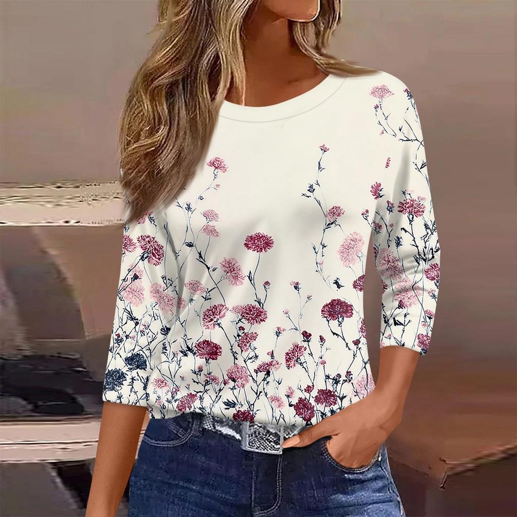 Women's Fashion Casual Round Neck 3/4 Sleeve Loose  Printed T-Shirt Ladies Top
