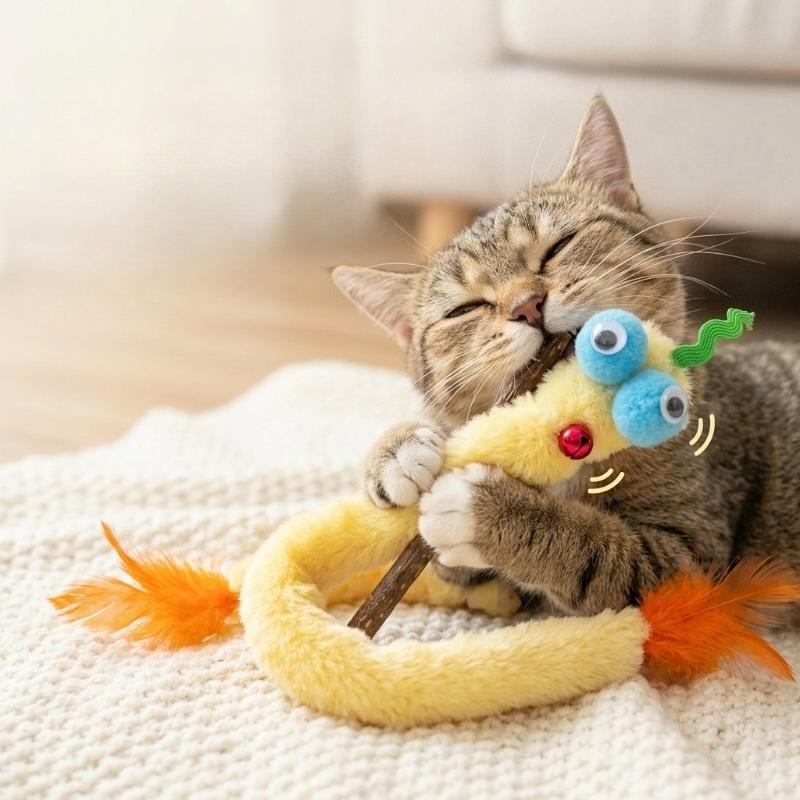 Cat Chew Toy Plush Simulated Snake Squeaky Bell Teasing Stick Kitten Toy Chew-resistant Teeth Grinding Cat Toy