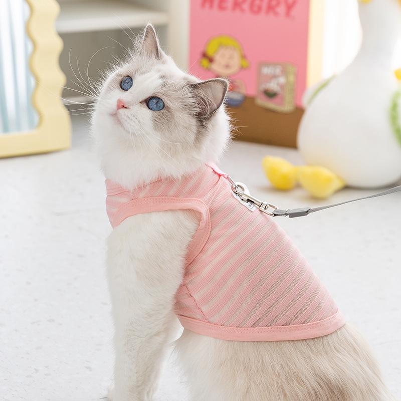 Spring and summer breathable cat vest hollow striped traction vest into kitten thin two-legged pet clothes