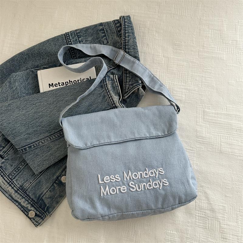 

Винтажная американская джинсовая сумка большой вместимости с алфавитом, на плечо, студенческая, универсальная, сумка-мессенджер, тоут светло-синий