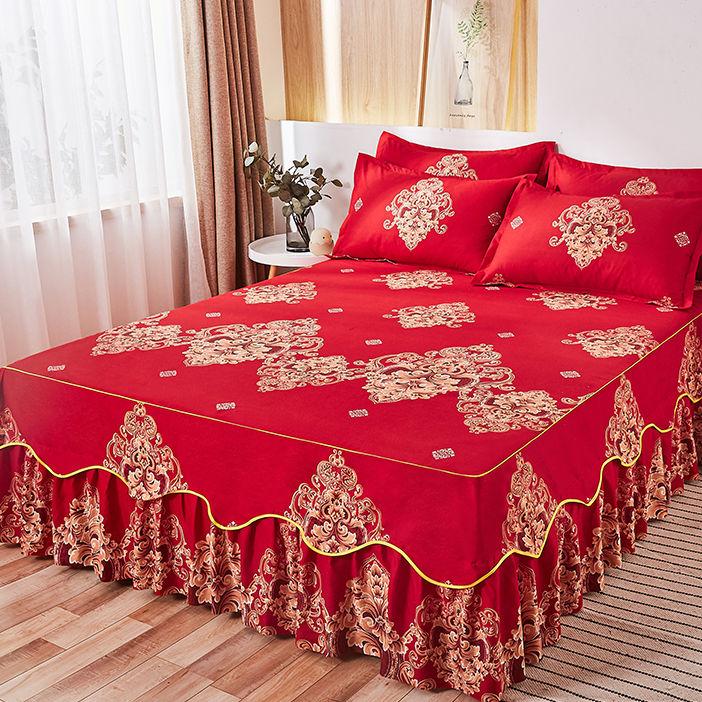 Floral Bedspread Brushed Sanding Bed Skirt King Queen Size Soft Comfortable Double Layer Bed Cover for Cozy Sleep