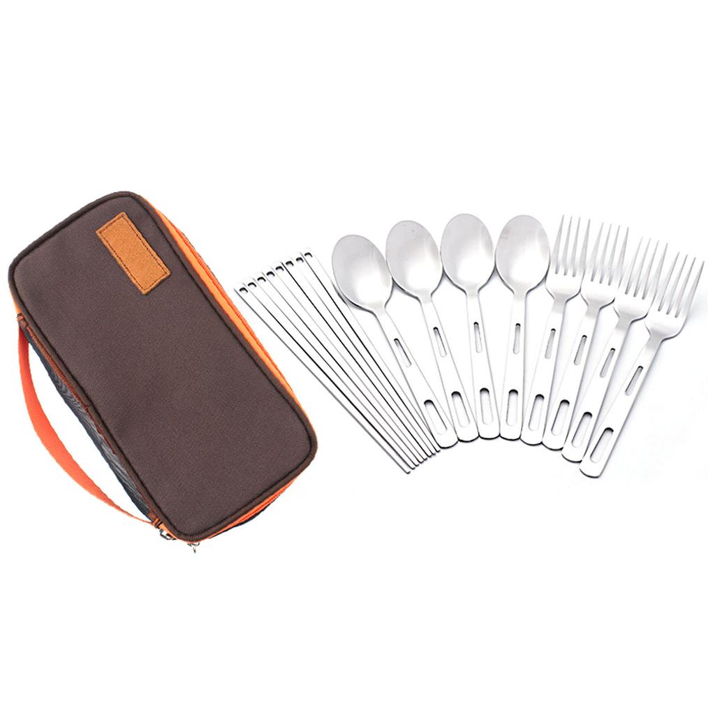 Camping Geschirrset Edelstahl Gabel Löffel Essstäbchen Tragbares Küchenutensilien-Set mit Aufbewahrungstasche für Draußen