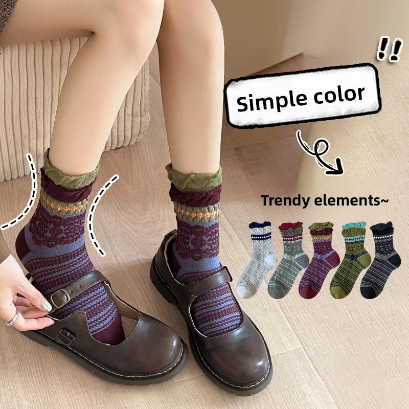 Female Autumn and Winter New Product Fashion All Kinds of Retro Clash Color Lace Nation Wind Tube Cotton Socks