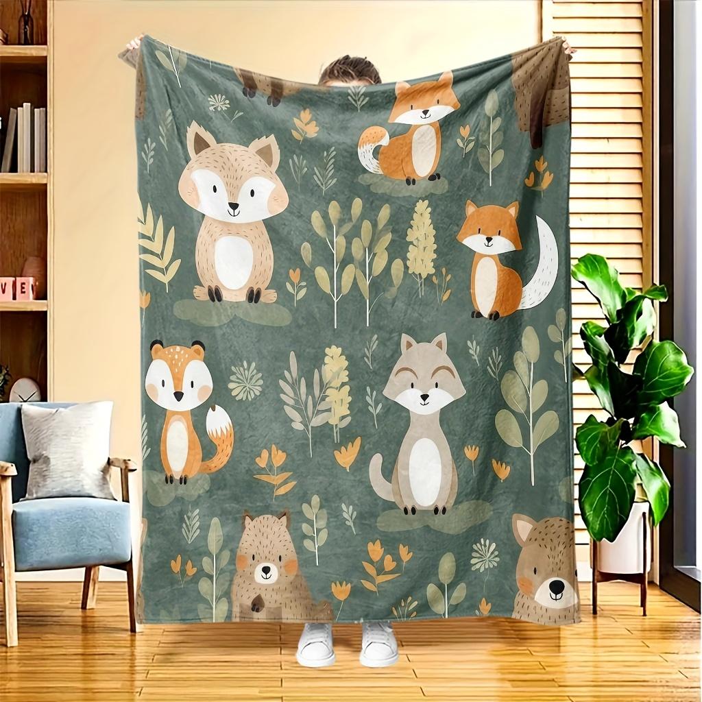 Süße Cartoon-Füchse und Bären Fleecedecke Waldtiere Aufdruck Überwurf Weich Gemütlich Ganzjahres Bettwäsche Geschenk Für Kinder Kinderzimmer
