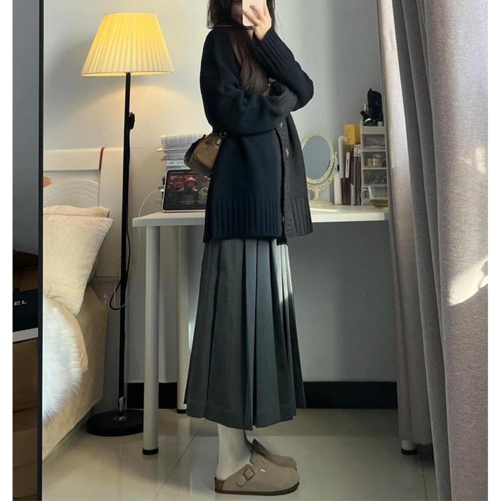 KANO SEIKA Pleated Long Skirt with Uniform Elastic High Loose Plus Sizes Simple Perfect for Everyday and Solid Size L Women's Belt, Skirt, Waist,