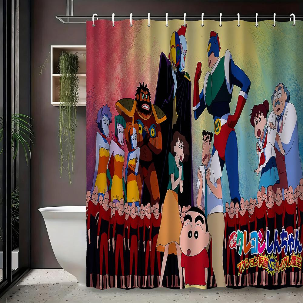 Crayon Shin-chan & Friends with Shiro 2D Print Waterproof Shower Curtain, Green Anime Bathroom Decor with Hooks