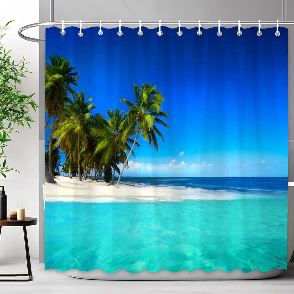 Sceneria Morska Zasłona Prysznicowa Niebieski Ocean Plaża Tropikalne Lasy Outdoor Natura Krajobraz Poliestrowe Zasłony Prysznicowe Wystrój Łazienki