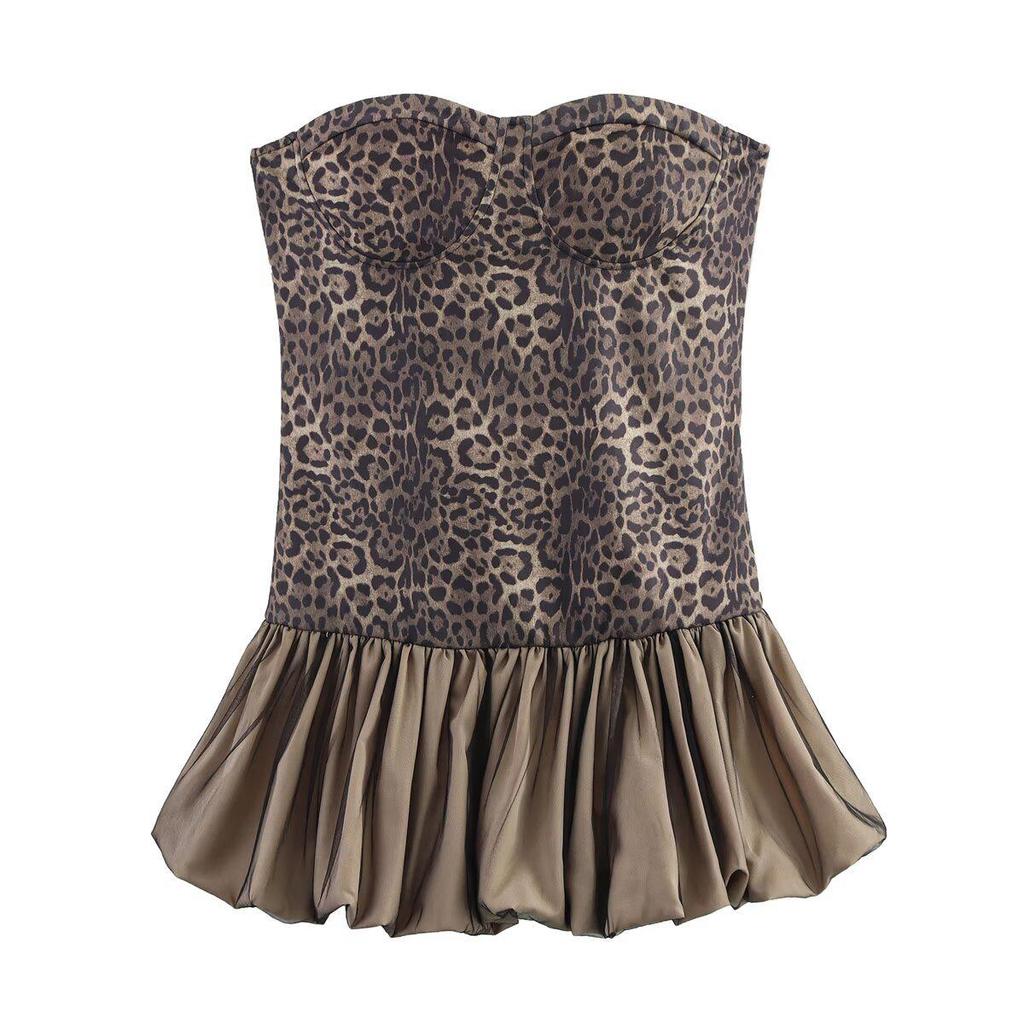2025 Spring Women's European & American Style Leopard Print Strapless Puff Skirt