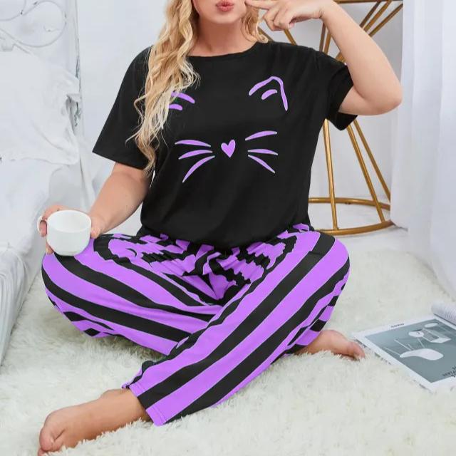 

весна лето большие размеры 3XL 4XL 5XL Женский мультяшный принт Комплект пижамы из двух частей Домашняя одежда для сна Топ с коротким рукавом и брюки Женская пижама Домашняя одежда 5XL