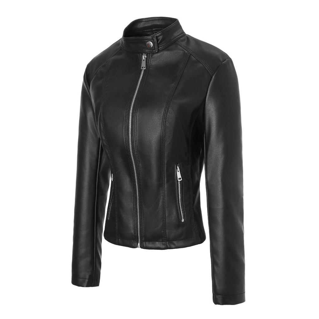 Women's PU leather jacket autumn and winter stand-up collar leather jacket European and American retro motorcycle jacket Women's coat