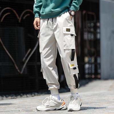 Men Cargo Pants Loose Ankle-banded Drawstring Elastic Waist Solid Color Multi Pockets Strap Decor Fitness Streetwear Outdoor Tra