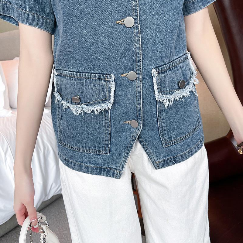 Sommer Damen locker V-Ausschnitt Jeansjacke - Kurzärmelig & Vielseitig