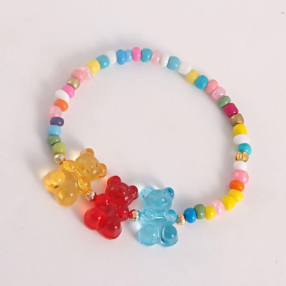 Bohemia Jelly Bear Necklace Charms Retro Colorful Ring Set INS Rice Bead Bracelet Party