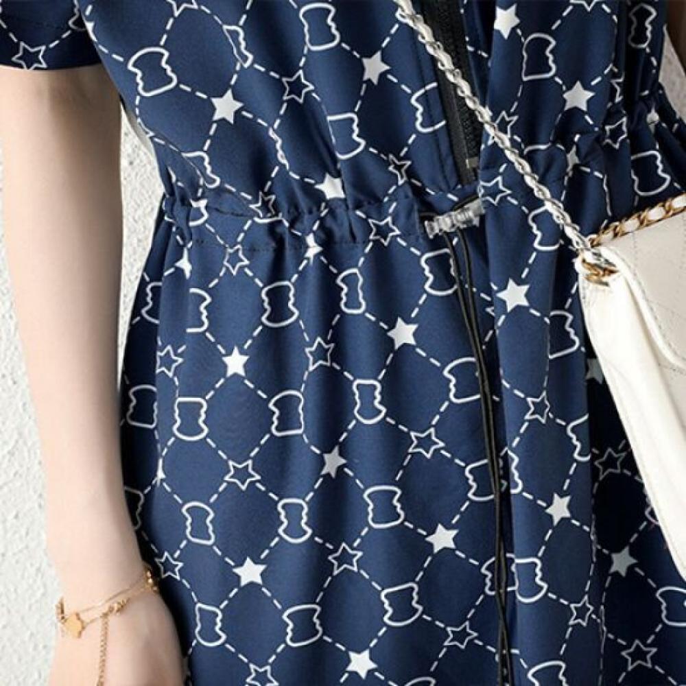 Navava No800 Waist String Zip Collar Short Sleeve Dress