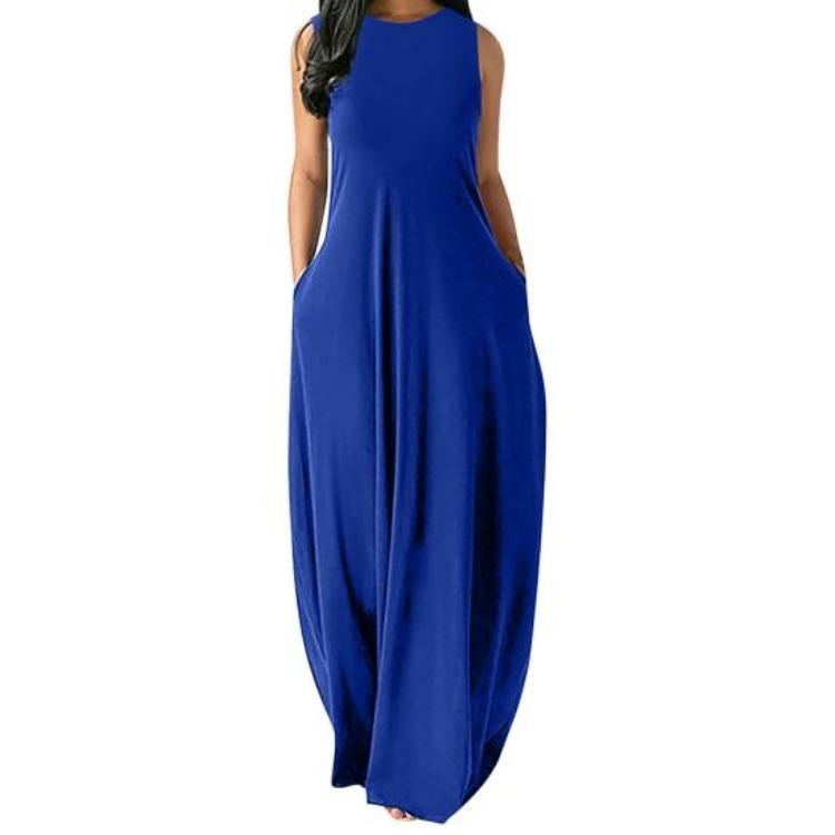 

Loose Hem Maxi Dress with Side Pockets Short Sleeve High Waist O Neck Solid Color Women Streetwear Long Dress XL синий