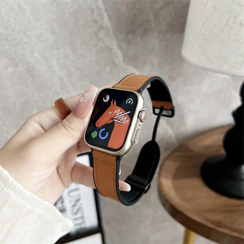 Silicon+Leather Bands for Apple Watch Strap 40mm 41mm 42mm 44mm 45mm 49mm Magnetic Buckle Bracelet iWatch Ultra SE2 8 7 6 5 4 3