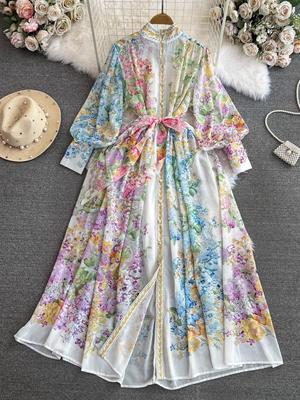 Vestido francês estampado floral vintage outono feminino chique manga longa lanterna vestidos nova moda retrô roupas de peito único