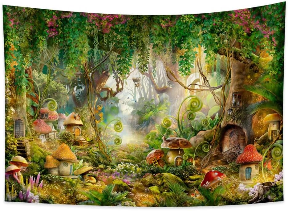 Fantasy Forest Tapestry Enchanted Mushroom Magical Tapestry Fairytale Wonderland Tree House Tapestries Wall Hanging Art For Kids
