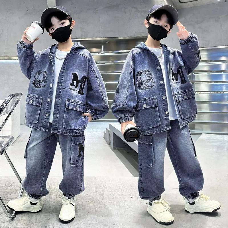 Boys' Spring Autumn Denim Set, Boys' Handsome Coat, Pants Two Piece Set