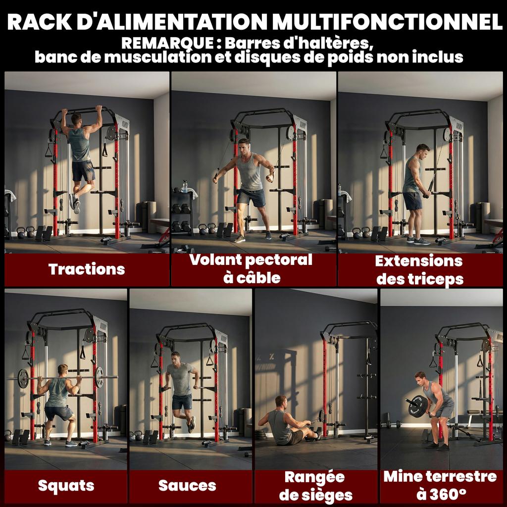 Power Cage, Power Rack with Adjustable Cable Pulley System, Pull-Up Bar, Dip Station, Landmine
