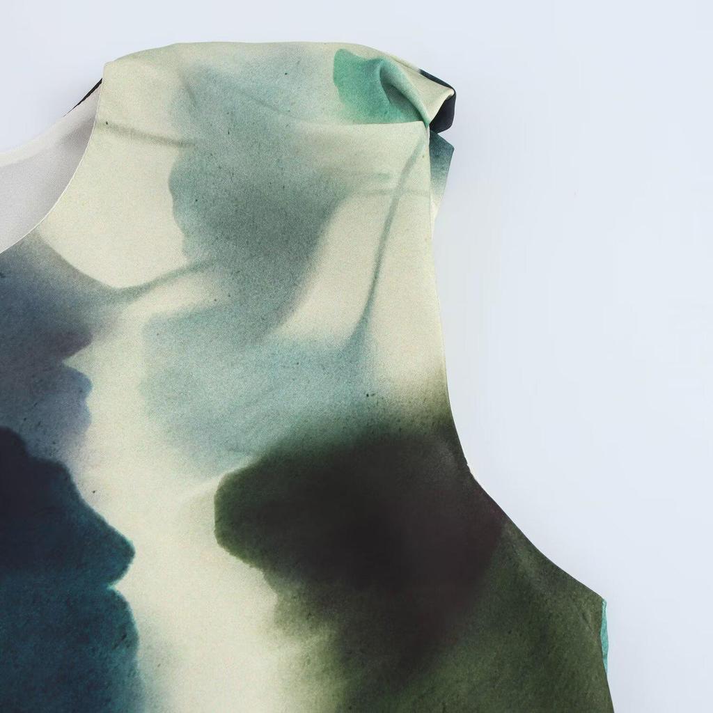 2025 Spring Women's European & American Style Silk Satin Print Midi Dress