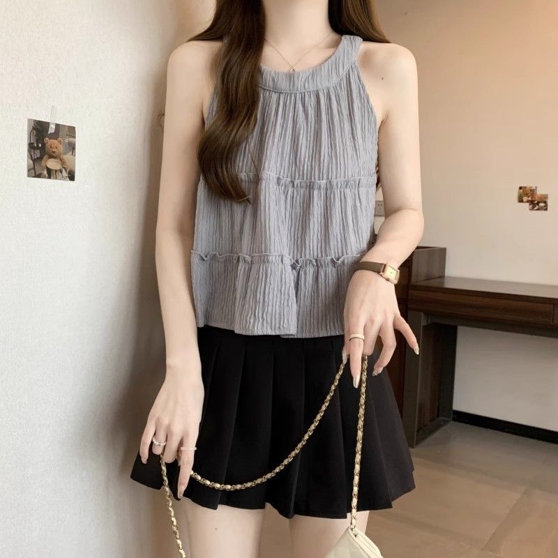 Summer Sexy Tank Tops Sleeveless Tops French Korean Clothes Solid Hanging Neck Top Casual Shirt for Women Elegant