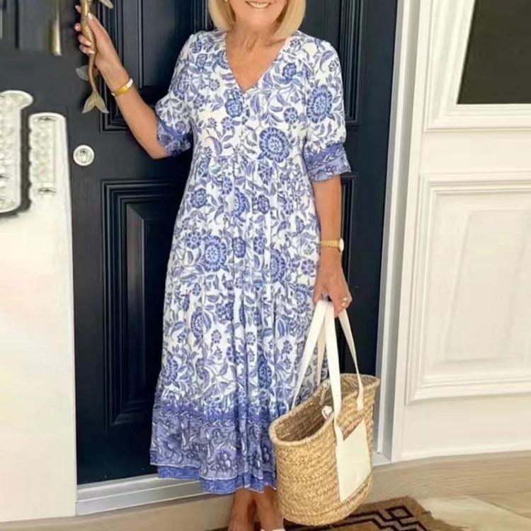 Floral Print Bohemian Maxi Dress Sexy V Neck Beach Party Short Sleeve Flowy Women