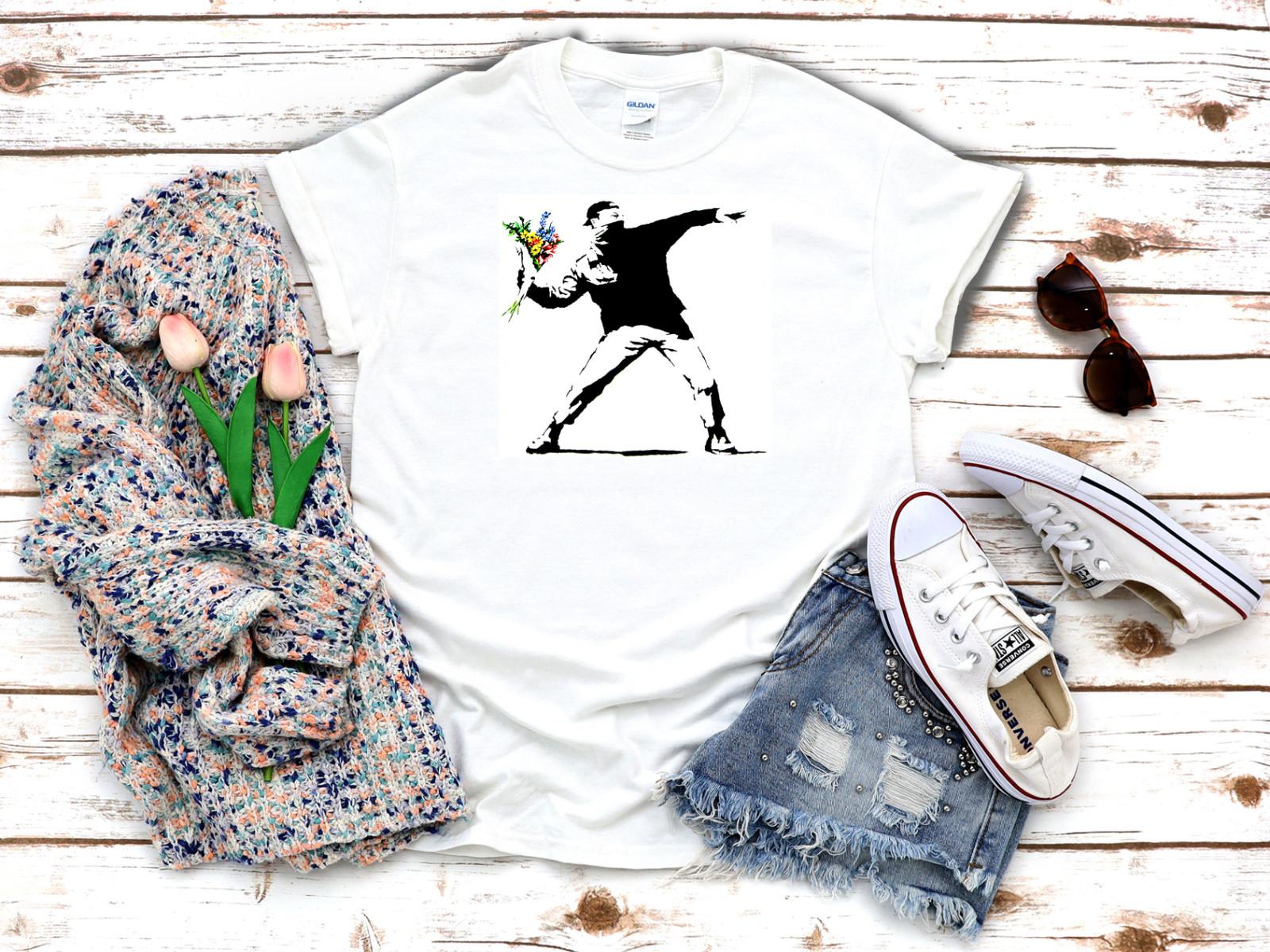 

26 Banksy Throwing Flowers Graffiti White Women s 3 4 Short Sleeve T-Shirt K309 Unisex T-Shirt XL