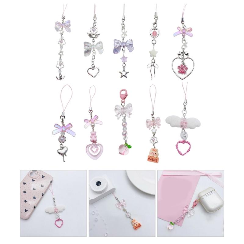 Bowknot Heart Pendant Cellphone Strap Phone Chain Detachable Beaded Phone Lanyard Handmade Keychains for Wallet Bag