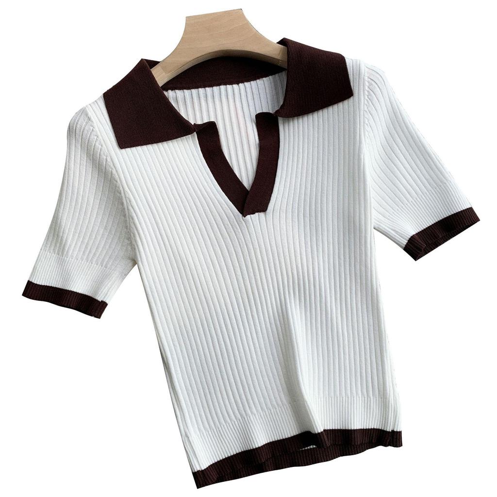 Damen 2024 Sommer Eis-Seide Kurzarm Polo-Top - Colorblock Slim-Fit Strickware